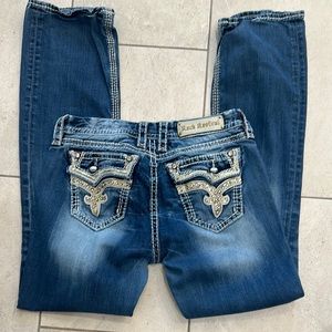 Rock Revival Blue Boot Cut Jeans with Decorative Stitching